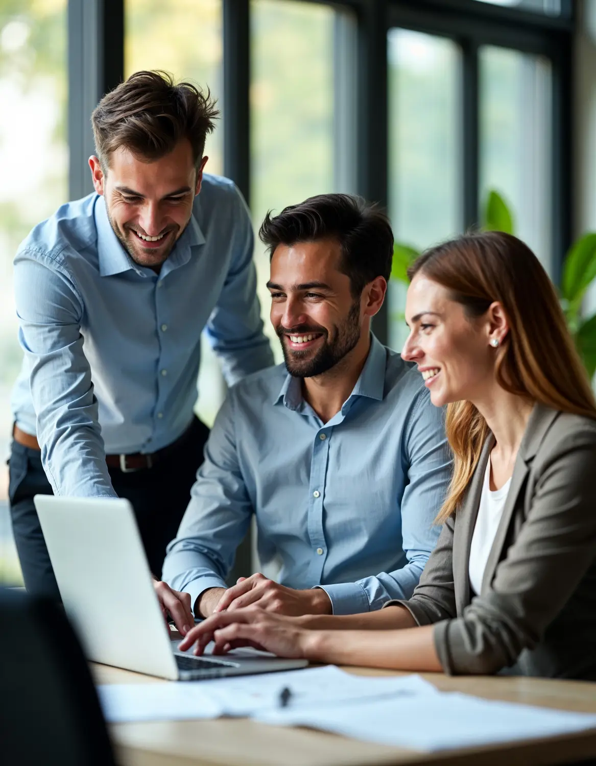 Drei Business-Profis Zusammenarbeit auf Laptop im modernen Büro Teamarbeit und Projektmanagement-Konzept 